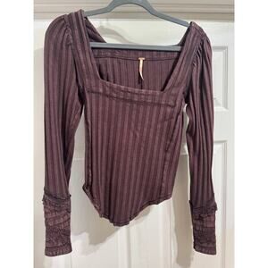 Free People Textured Square Neck Long Sleeve Top Small Boho Romantic